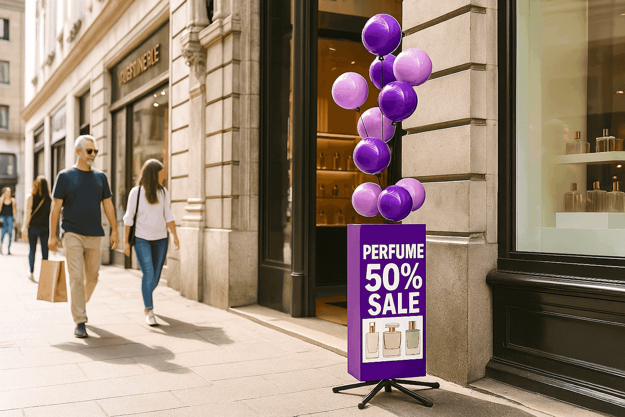 Display ballon publicitaire avec couvre-poteau dans un décor de vente au détail