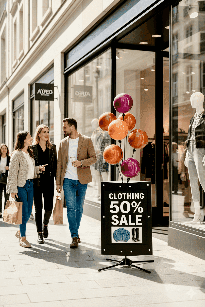 Display ballon publicitaire PilaMania avec ballons flottants et panneau de signalisation professionnel dans un environnement de magasin moderne