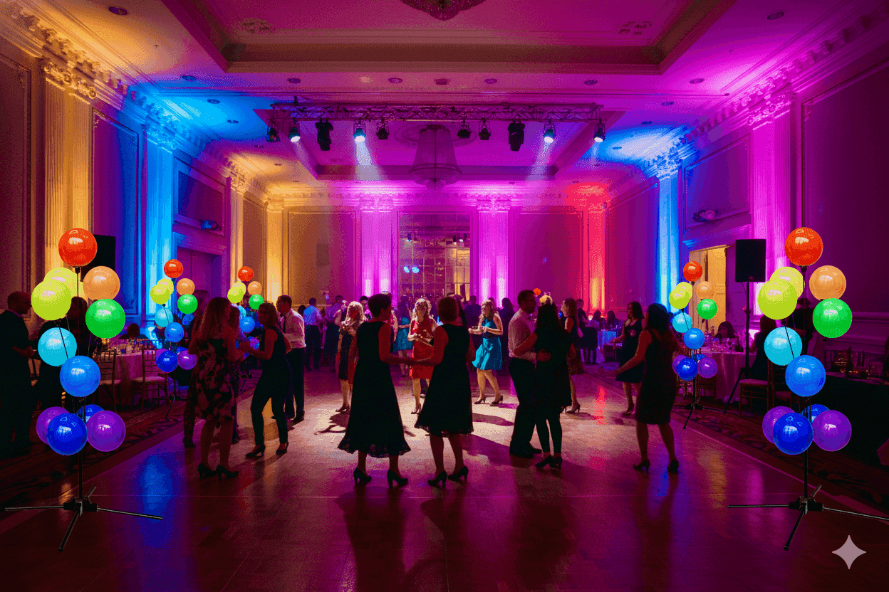 Les displays ballons publicitaires illuminent la salle de bal avec des invités qui dansent et un éclairage coloré
