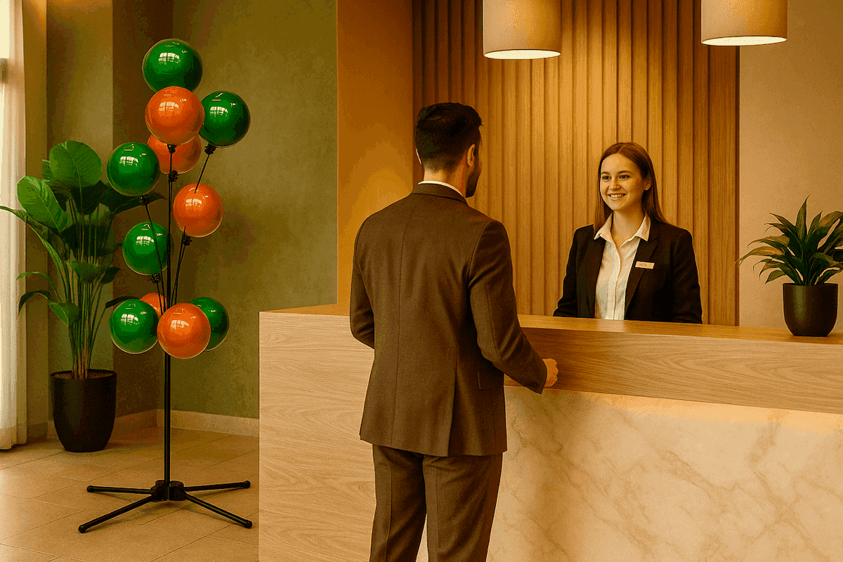Display ballon publicitaire subtil au bureau de réception pour une décoration de première impression professionnelle