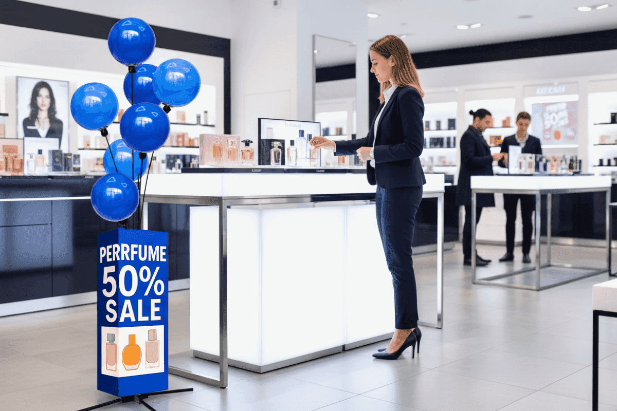 Display ballon publicitaire comme signalisation de vente au détail élégante près des produits, décoration de point de vente avec installation mobile