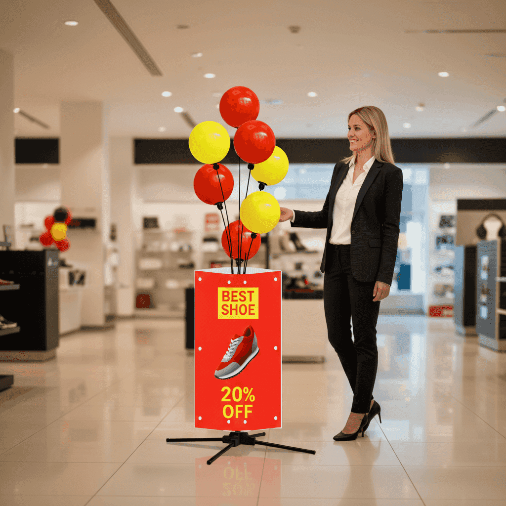 Collage de professionnels utilisant des displays ballons publicitaires PilaMania dans divers contextes : présentoirs de vente au détail, événements et showrooms, montrant la transformation vers la tranquillité d'esprit opérationnelle