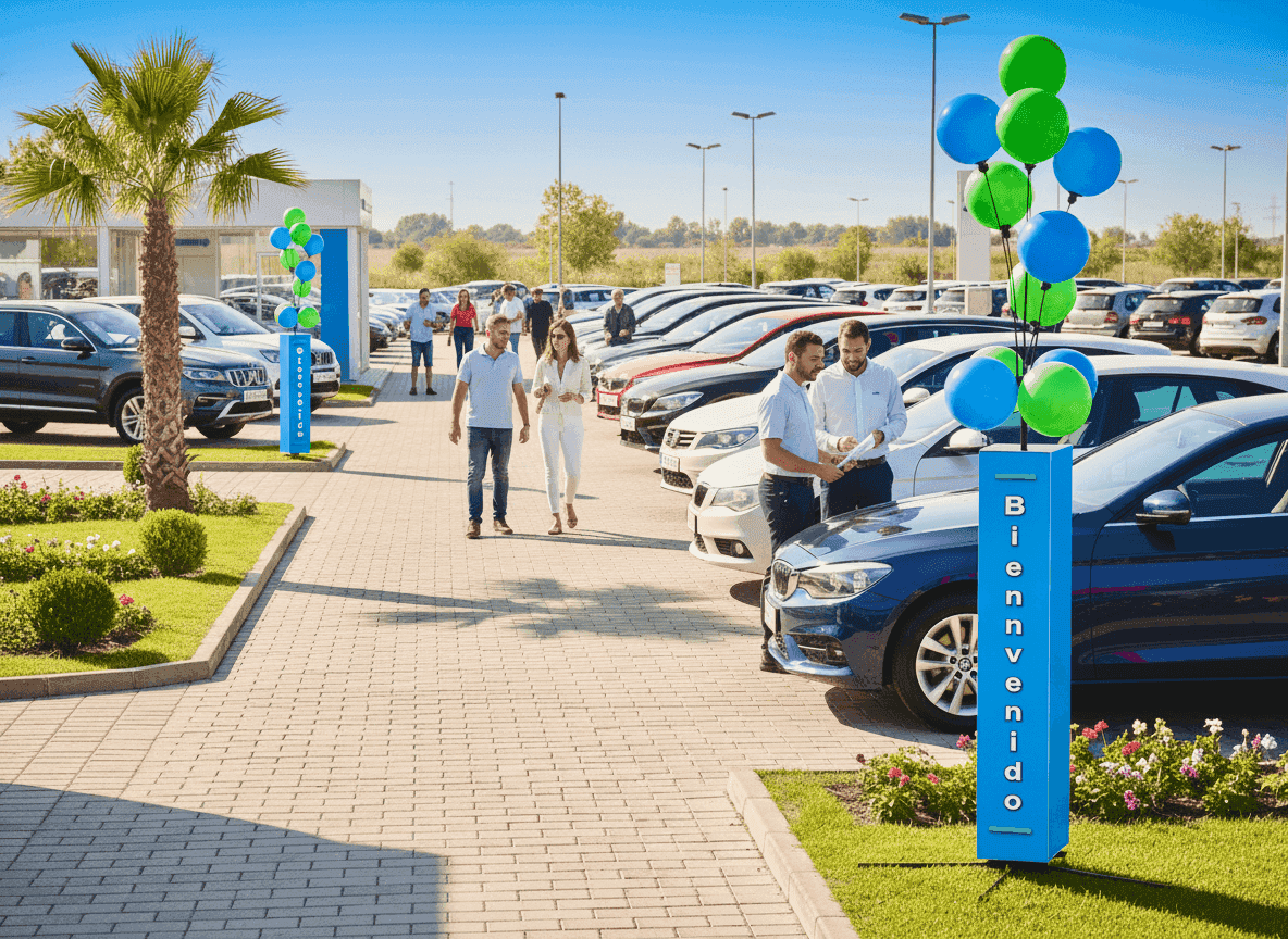 Un display ballon publicitaire se dresse solidement à l'extérieur chez un concessionnaire automobile sous un soleil de plomb