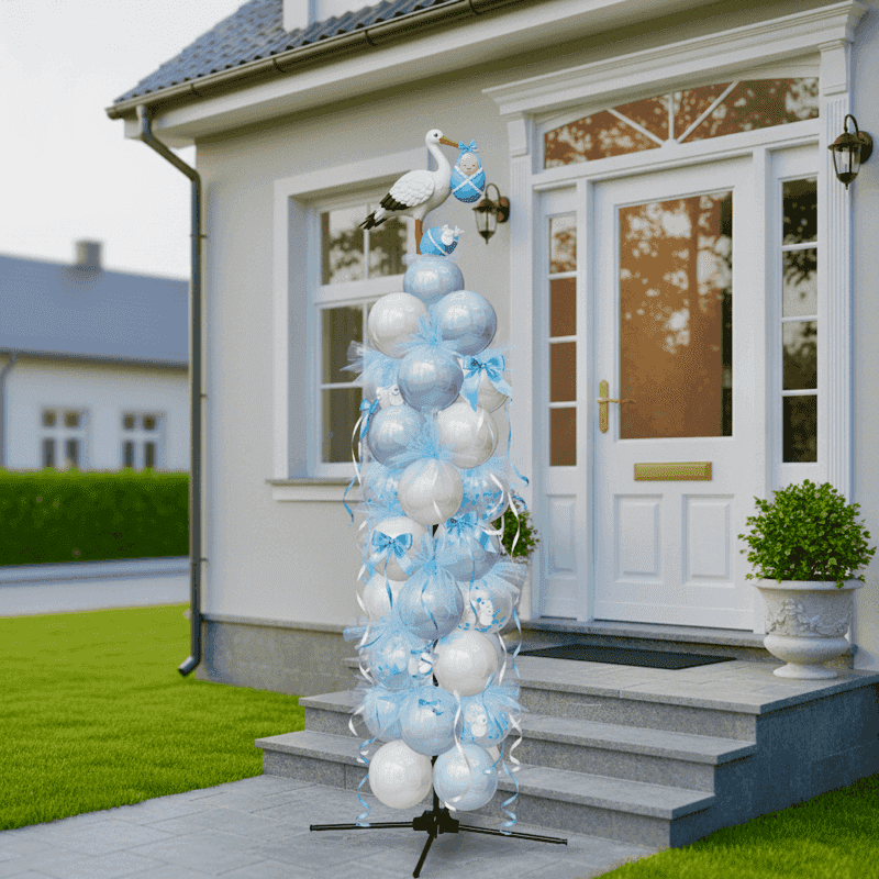 Élégant pilier de ballons bleu clair à la porte d'entrée blanche pour accueillir les invités de la révélation de sexe