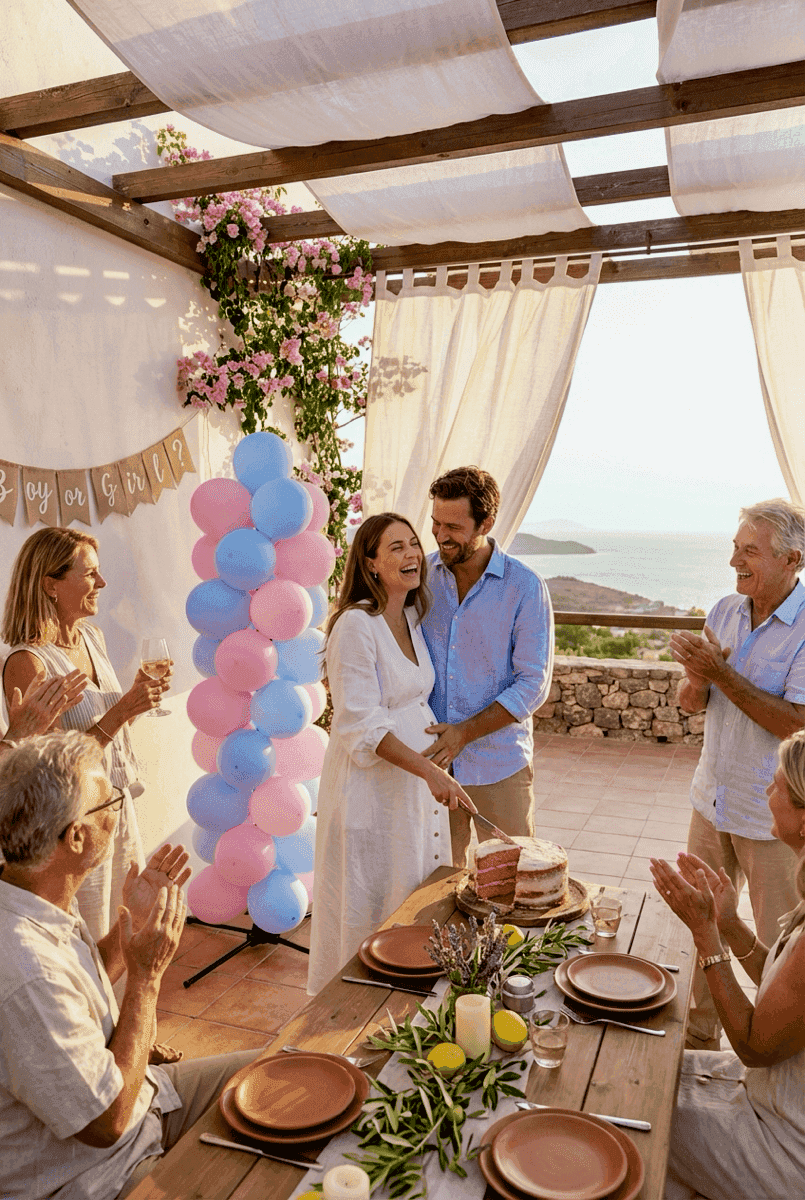 Futurs parents près d'un pilier de ballons roses et bleus sur une terrasse couverte avec la famille qui applaudit