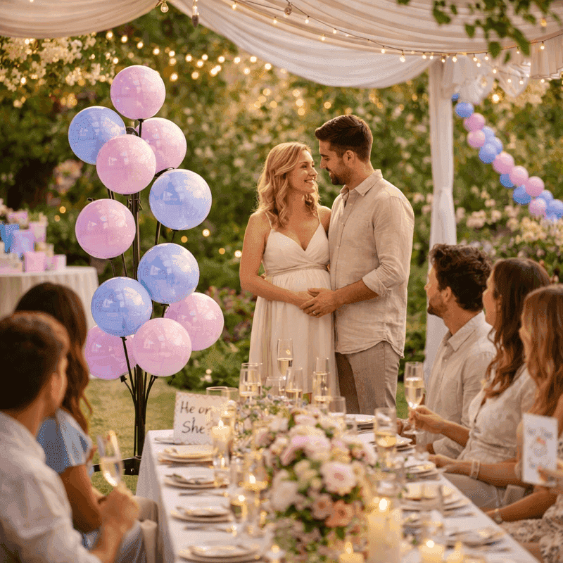 Soirée romantique de révélation de sexe avec fontaine de ballons et lumières d'ambiance sur la terrasse du jardin
