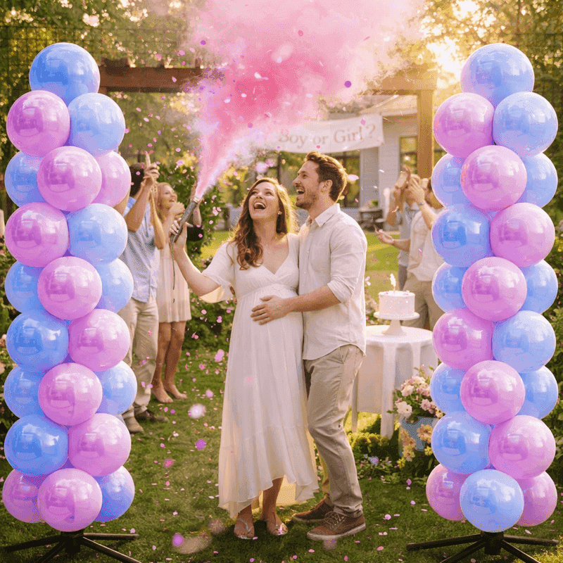 Révélation de sexe spectaculaire avec canon à fumée rose et arche de ballons rose et bleue dans le jardin