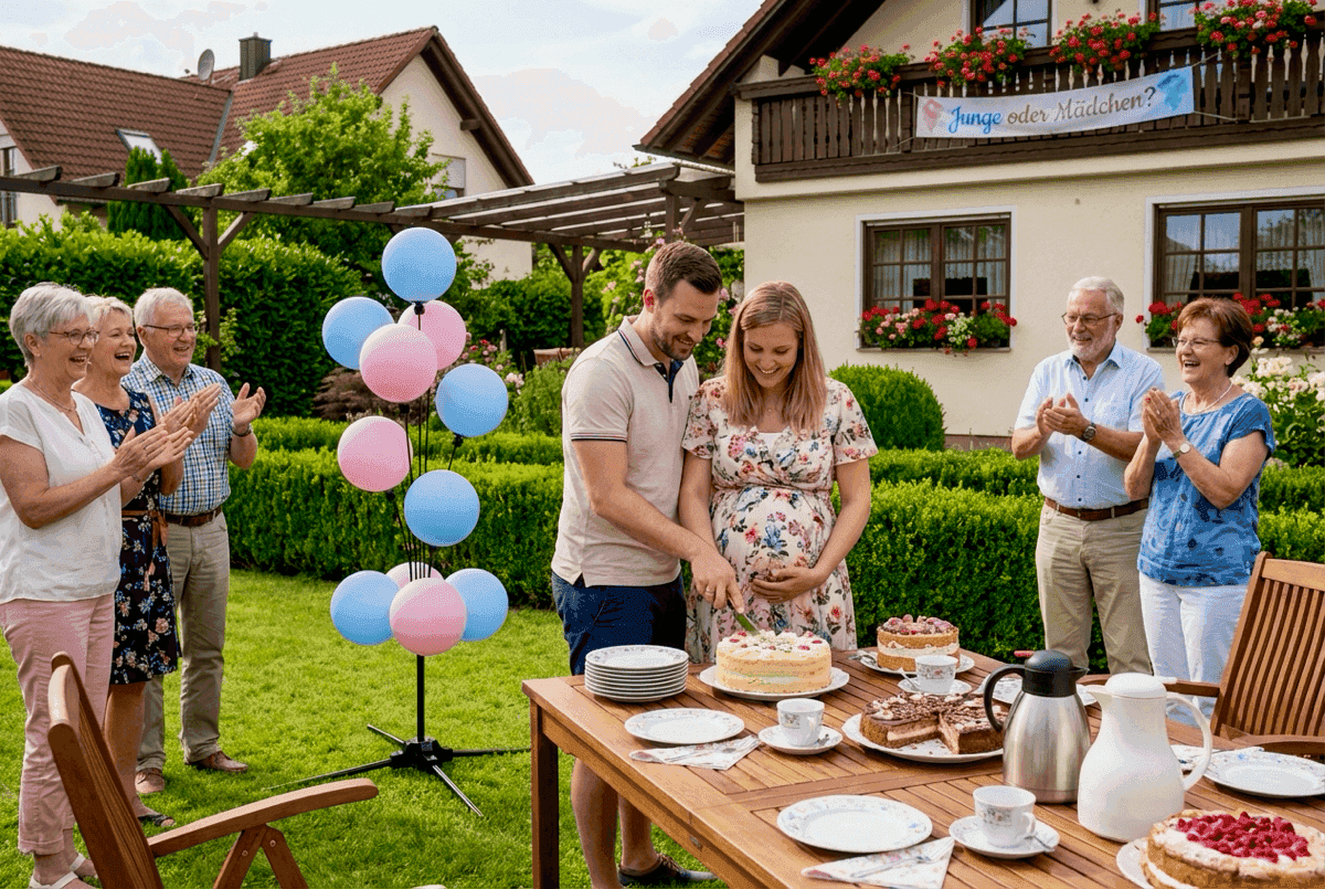 Révélation de sexe estivale dans le jardin avec grappe de ballons, famille applaudissante et gâteau