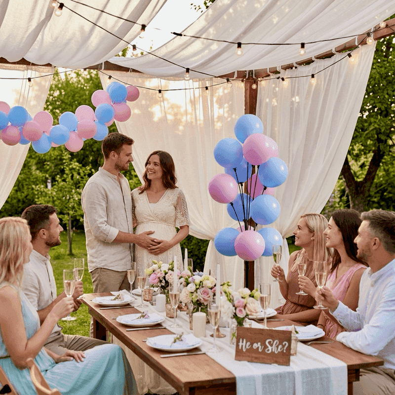 Fête de jardin de révélation de sexe avec fontaine de ballons rose et bleue et lumières d'ambiance au-dessus d'une longue table