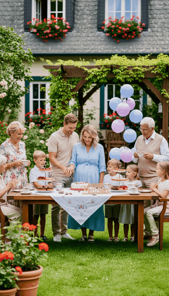 Trois générations de famille autour d'une table dans le jardin avec des ballons pastel de révélation de sexe