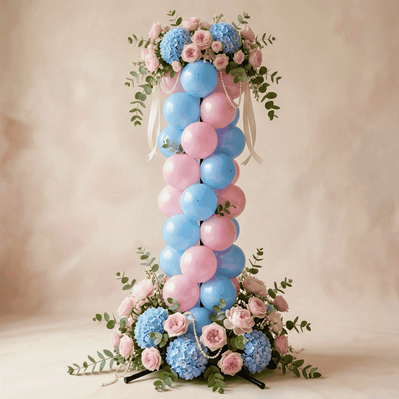 Pilier botanique de révélation de sexe avec des ballons roses et bleus entourés de roses roses fraîches et de feuillage vert