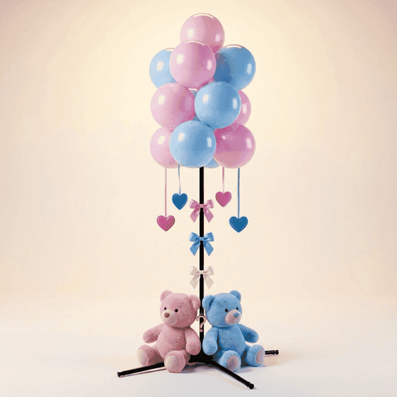 Grappe de ballons de révélation de sexe douillette avec des ours en peluche roses et bleus de chaque côté et une décoration de cœurs suspendus