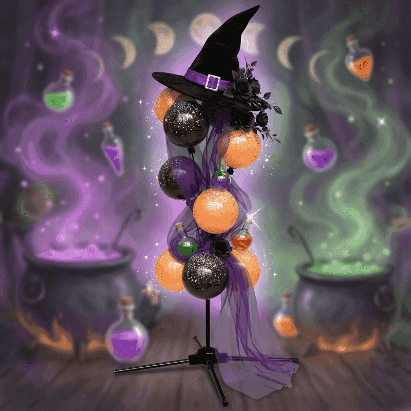 Fontaine de ballons PilaMania décorée pour Halloween avec un topper chapeau de sorcière noir, du tulle violet et des accents pailletés — élégante décoration de ballons d'Halloween réutilisable de style sorcière chic