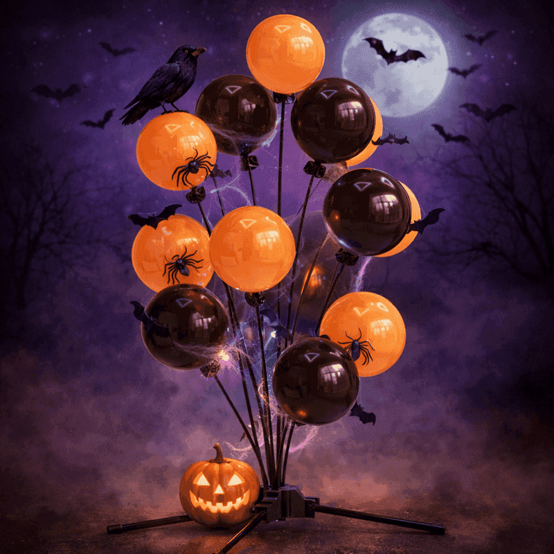 Grappe de ballons PilaMania décorée pour Halloween avec un corbeau, des chauves-souris, un fond de pleine lune et des araignées — décoration de ballons d'Halloween réutilisable mystérieuse de style nuit au clair de lune