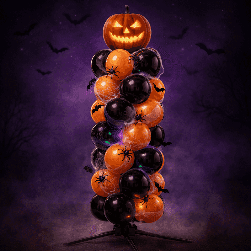 Pilier de ballons PilaMania décoré pour Halloween avec un topper citrouille lumineuse, des toiles d'araignées et des araignées entre des ballons orange et noirs — décoration de ballons d'Halloween réutilisable effrayante