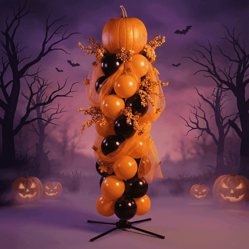 Pilier de ballons PilaMania décoré pour Halloween avec un topper citrouille décoratif, du tulle orange et des fleurs d'automne — décoration de ballons réutilisable de style Halloween de récolte