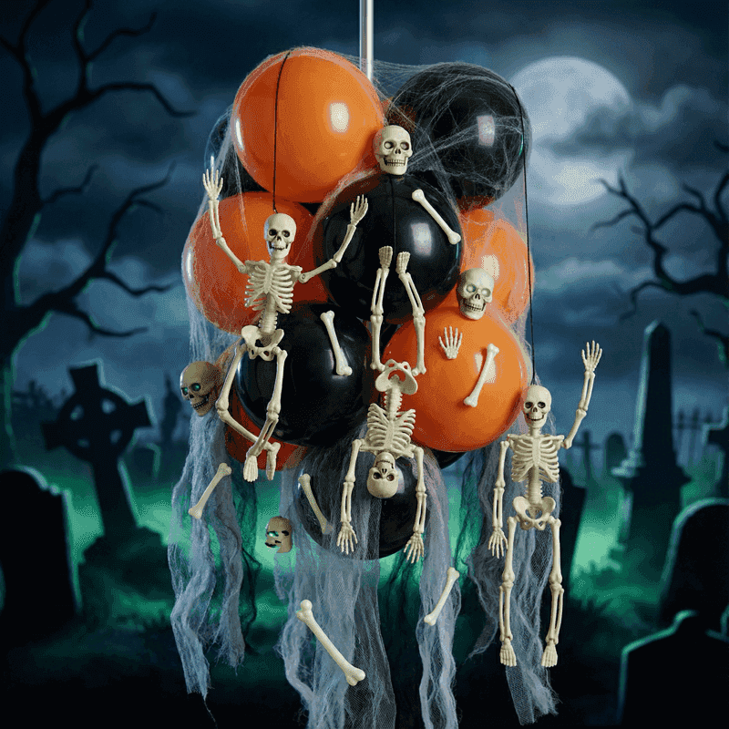 Grappe de ballons PilaMania suspendue décorée pour Halloween comme un mobile squelette avec des mini squelettes dansants, des os détachés et des crânes — décoration de ballons d'Halloween réutilisable macabre et ludique