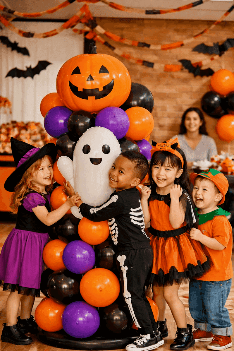 Des enfants jouent en toute sécurité près de la décoration de ballons d'Halloween