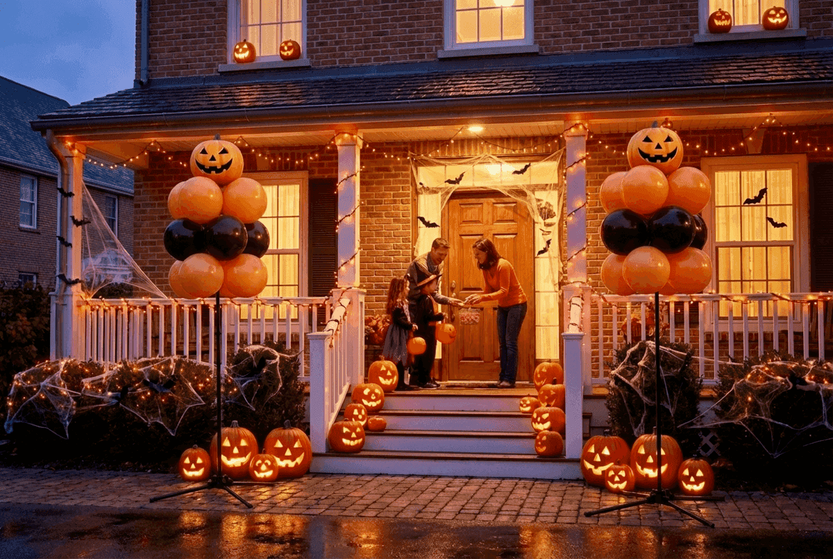 Scène de bonbons ou farce avec des piliers de ballons et des citrouilles à la porte d'entrée décorée