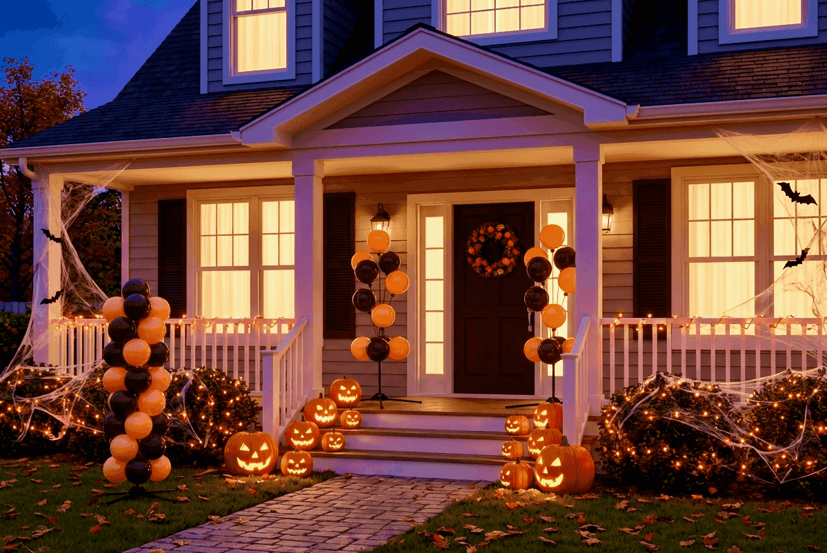 Décoration de véranda d'Halloween avec des piliers de ballons, des toiles d'araignées et des citrouilles