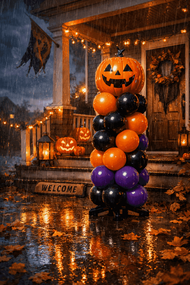 Décoration de ballons d'Halloween par tous les temps à l'extérieur près d'une porte d'entrée