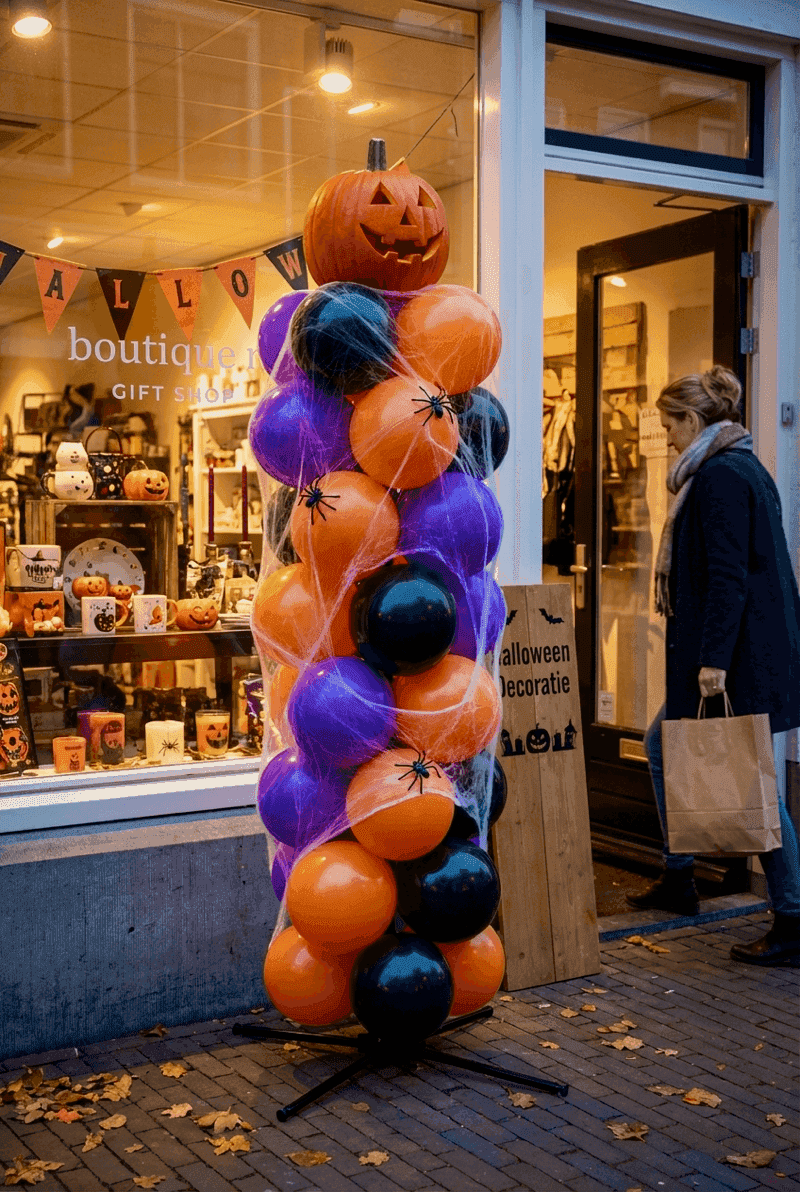 Pilier de ballons d'Halloween coloré en violet et orange dans une vitrine de magasin