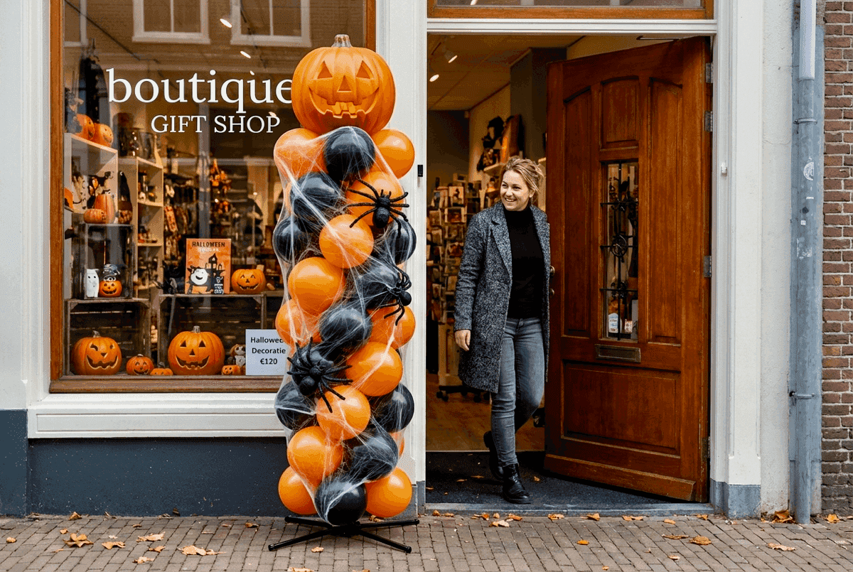 Pilier de ballons d'Halloween avec araignée à l'entrée d'une boutique