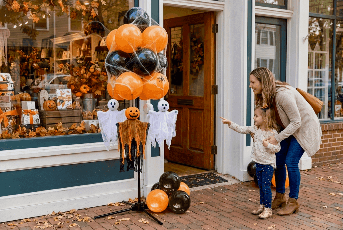 Mère et enfant admirant une grappe de ballons d'Halloween avec des décorations de fantômes