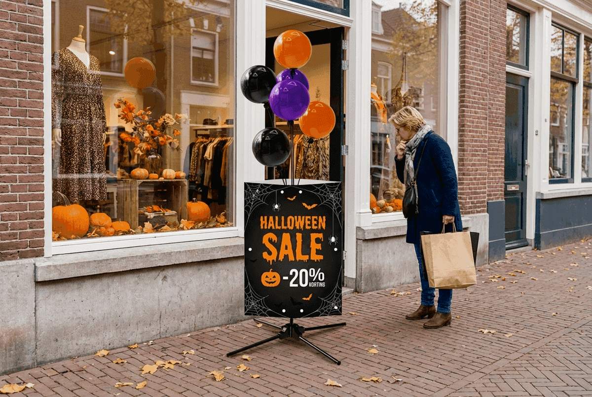 Panneau de promotion des soldes d'Halloween avec grappe de ballons orange et violette près d'un magasin
