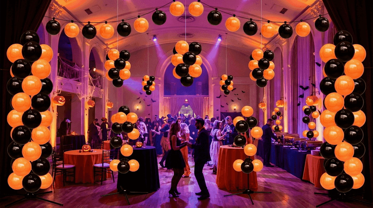 Événement de gala d'Halloween avec des arches de ballons orange et noirs et des invités dansants