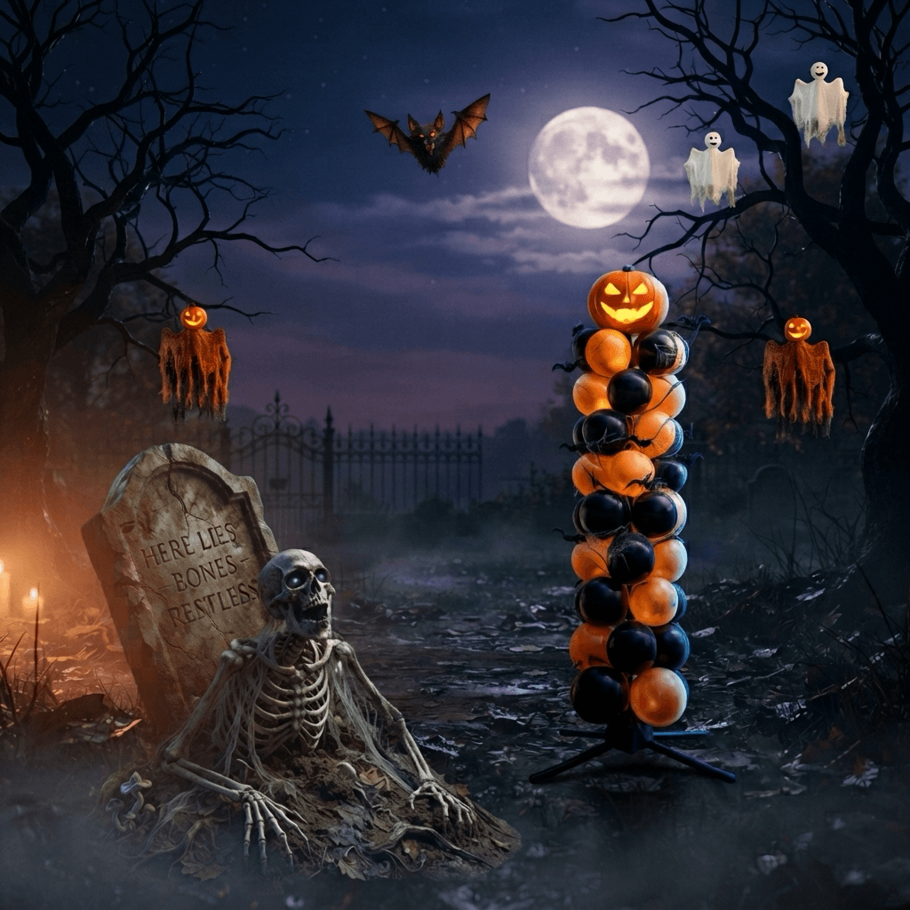 Décor d’Halloween avec colonne de ballons, pierre tombale, squelette et fantômes