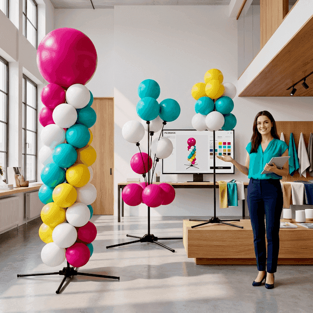 Décorations de ballons réutilisables et colorées de PilaMania installées dans un atelier moderne, avec un organisateur d'événements qui assemble sa configuration.