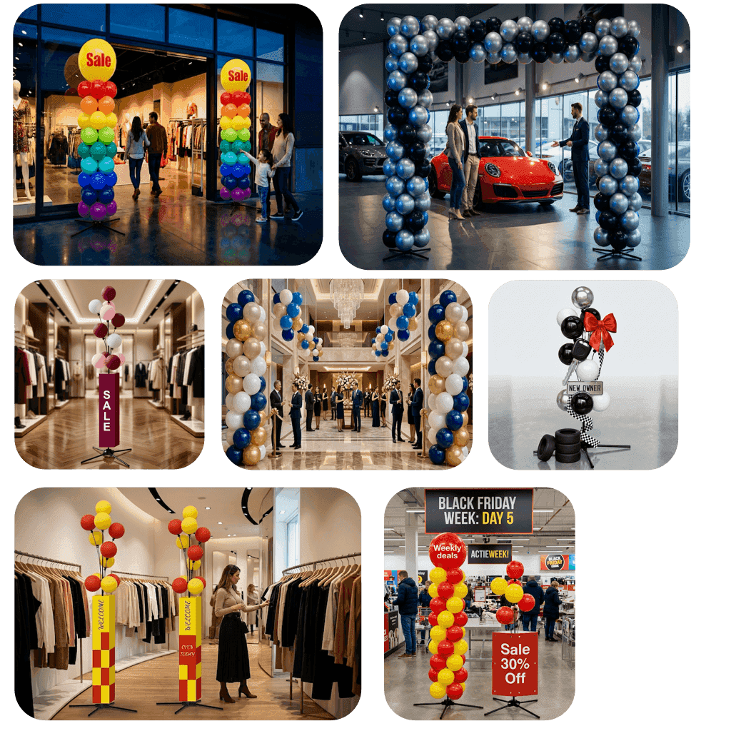 Colonnes de ballons aux couleurs de la marque à l'entrée d'un magasin comme signalisation professionnelle
