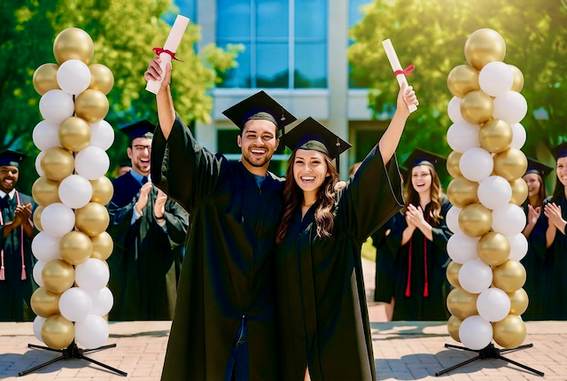Colonnes de ballons réutilisables lors d’une remise de diplômes sur le campus