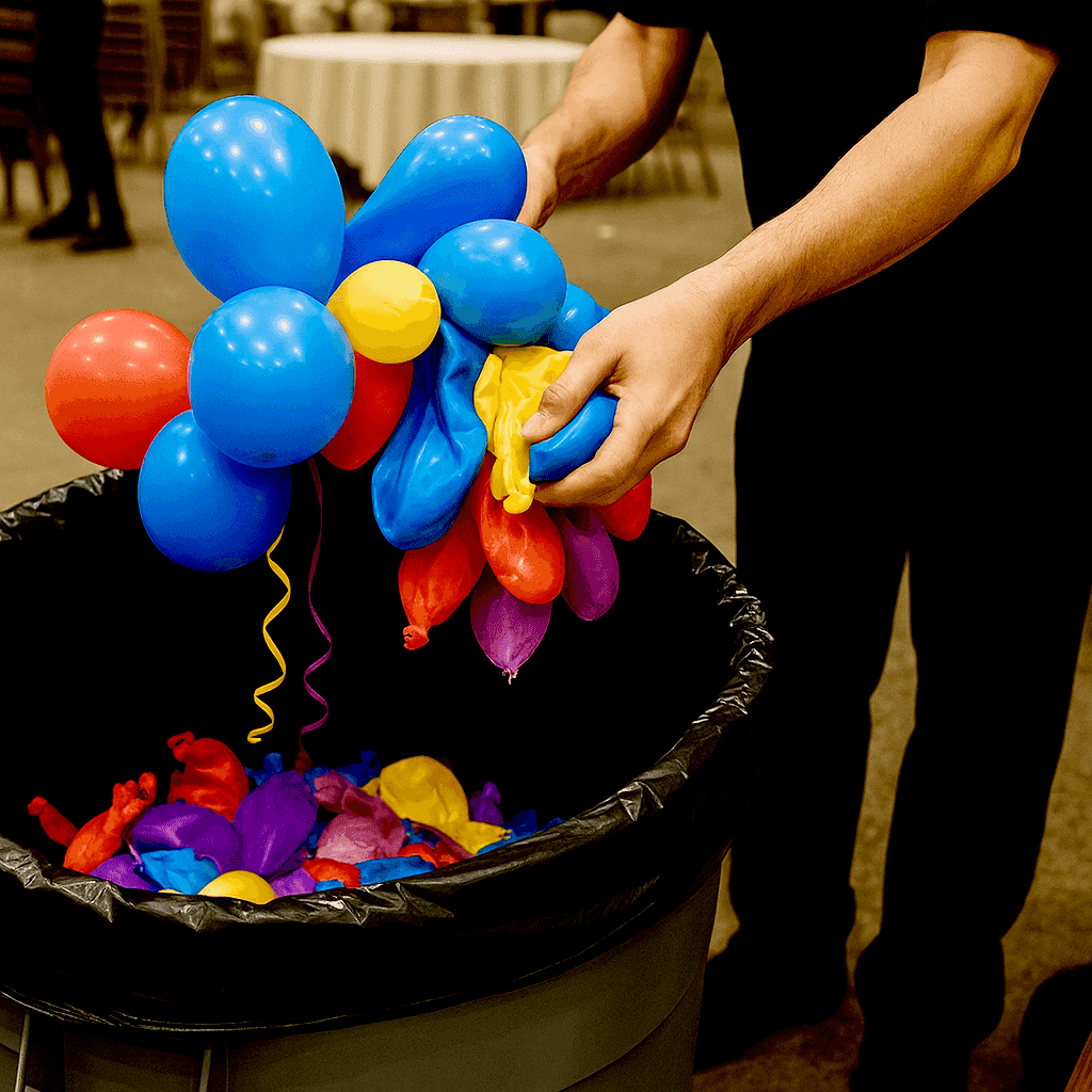 Ballons jetables finissant à la décharge après un événement