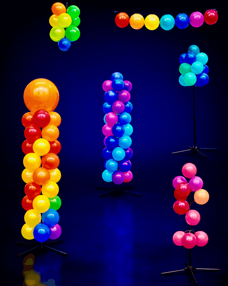 Gamme PilaMania : colonne, fontaine, grappe et ballons individuels en diverses couleurs