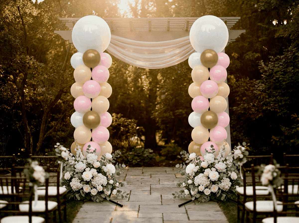 Colonnes de ballons blanches comme toile de fond romantique lors d'une cérémonie de mariage