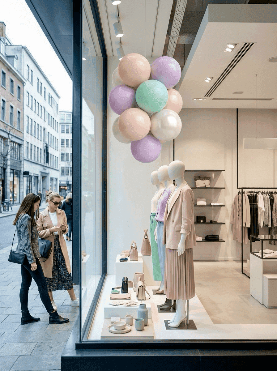 Grappe de ballons suspendue dans une vitrine de magasin comme accroche-regard