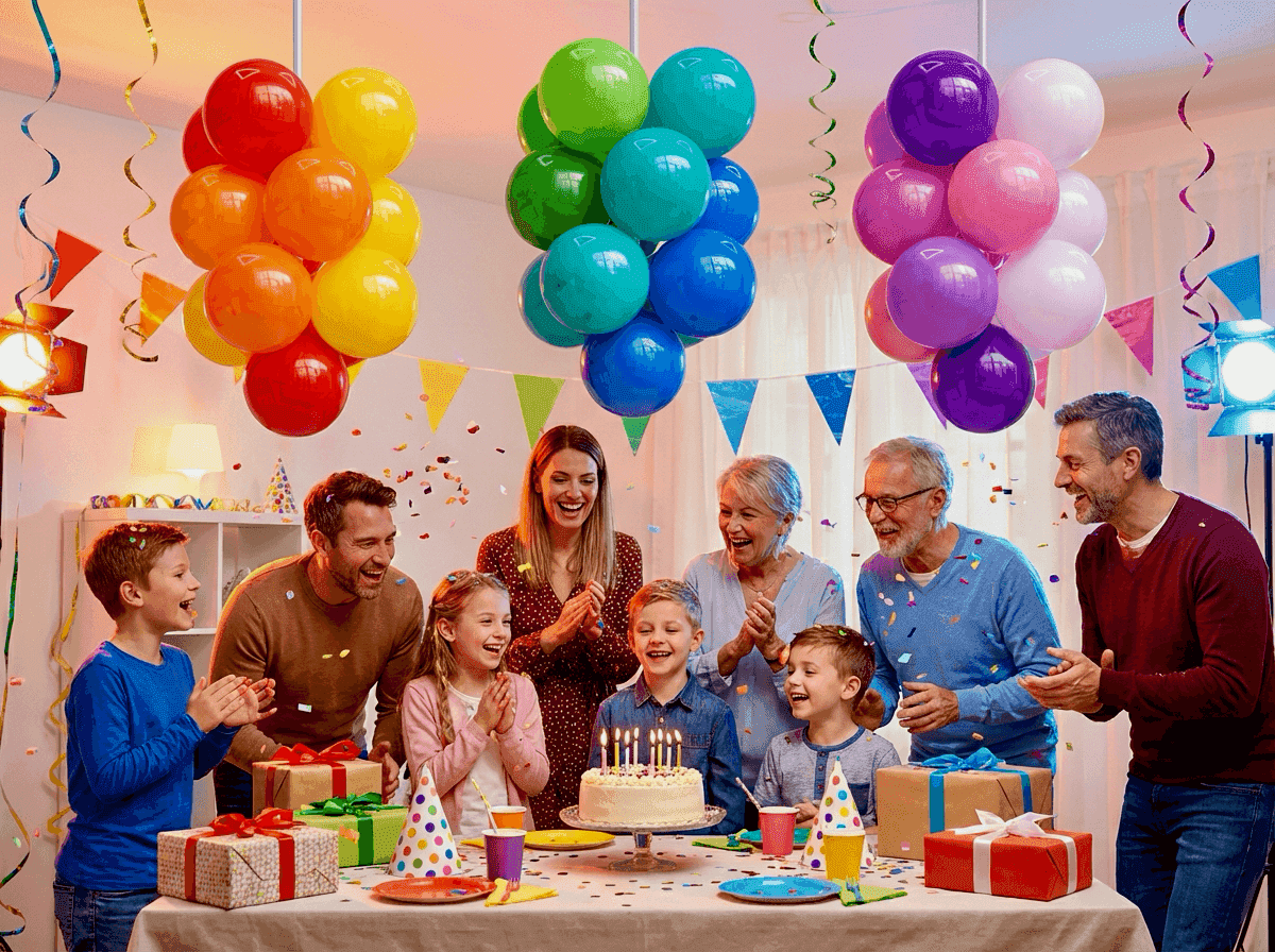 Grappes de ballons suspendues au-dessus de la table de fête pour un anniversaire