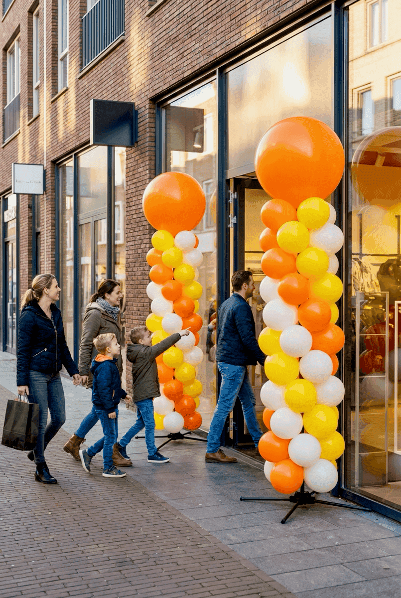 Les clients sont attirés par la décoration festive de ballons PilaMania dans un magasin