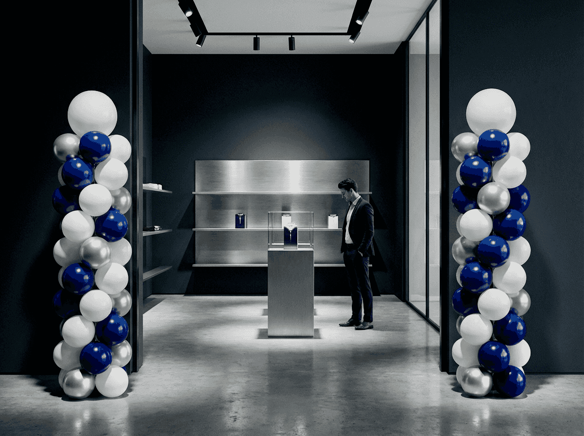 Magasin phare de marque avec piliers de ballons bleu foncé et blancs lors d'un lancement de produit