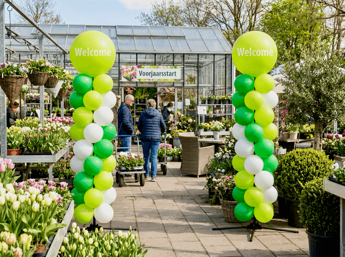 Entrée extérieure de jardinerie avec piliers de ballons verts et citron vert au début du printemps