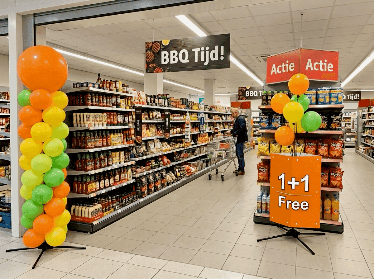 Coin thématique de supermarché avec décoration de ballons orange, jaune et vert pour une promotion saisonnière