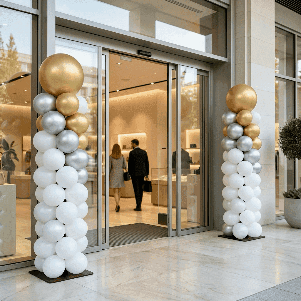 Entrée de magasin moderne avec d'élégants piliers de ballons PilaMania en blanc, argent et or