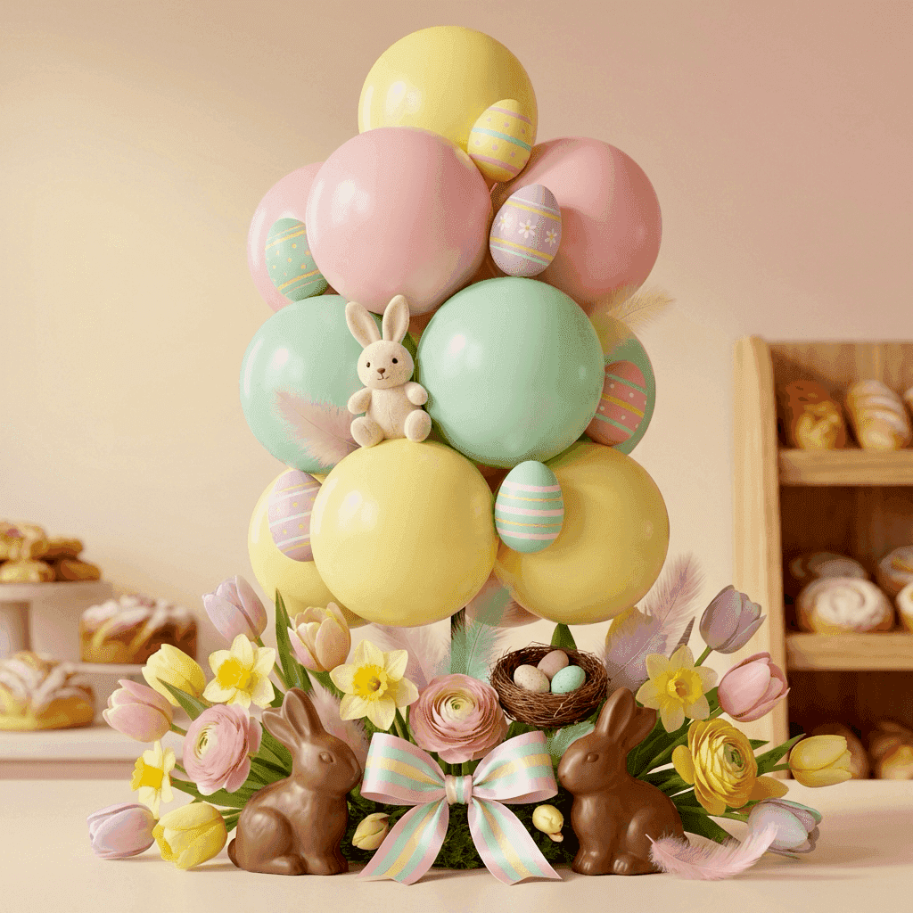 Promotion de Pâques d'une boulangerie avec grappe de ballons rose bébé et jaune citron