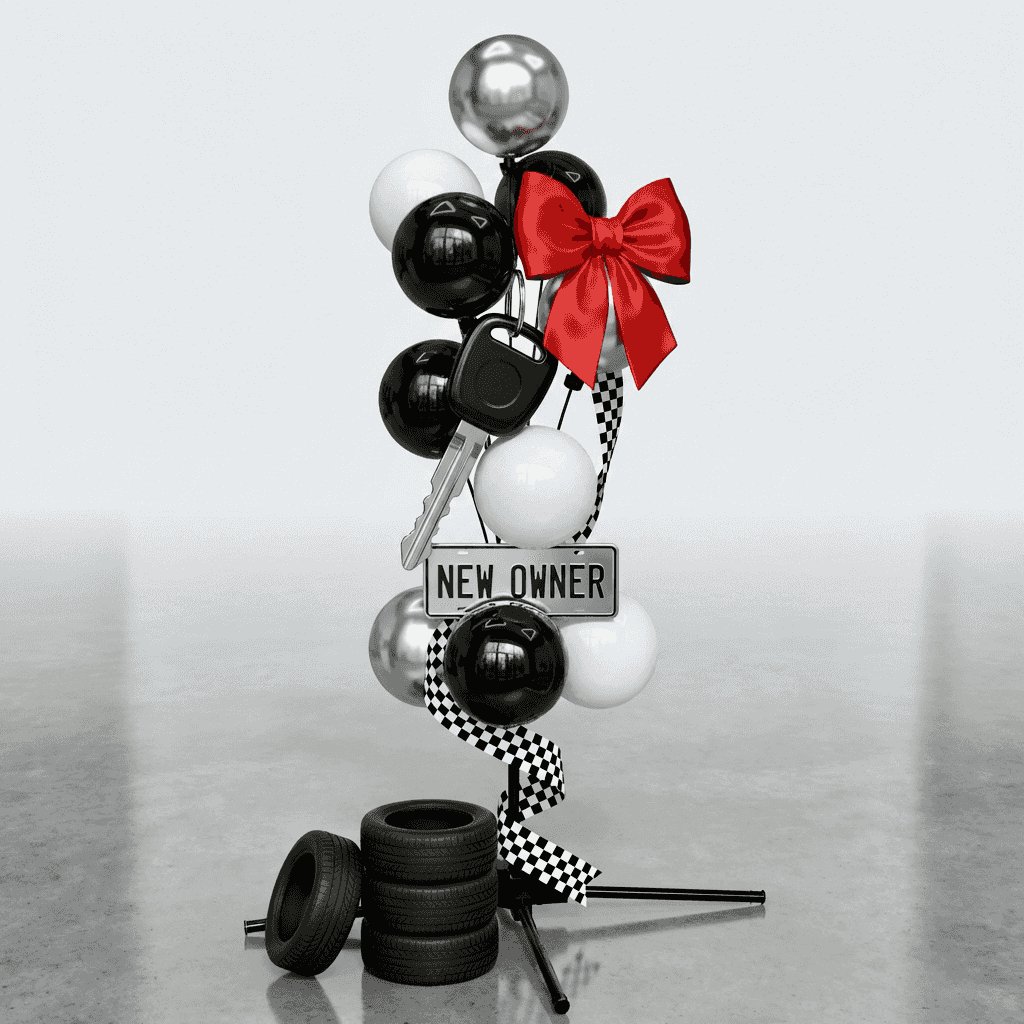 Moment de livraison chez un concessionnaire automobile avec fontaine de ballons argentée et bleu foncé