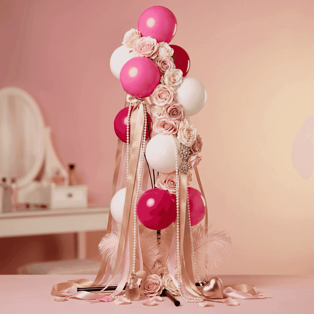 Présentoir de la Saint-Valentin d'une parfumerie avec fontaine de ballons rose et magenta
