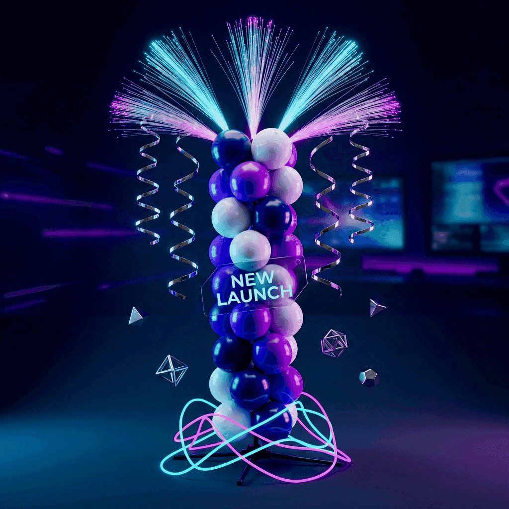 Lancement de produit en magasin d'électronique avec pilier de ballons bleu clair et argenté