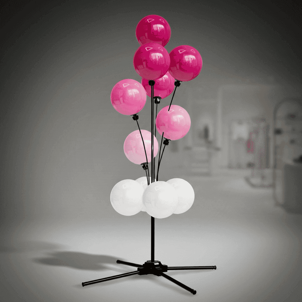 Fontaine de Ballons PilaMania avec balles PVC roses et blanches dans environnement retail festif