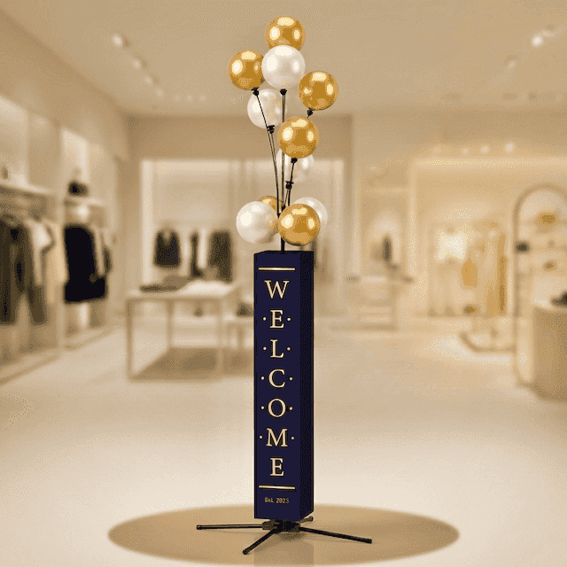 Totem PilaMania Display Signage Ballon avec grappe de ballons or-blanc dans intérieur de boutique de luxe